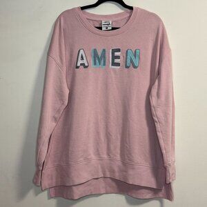 Jadelynn Brooke Embroidered "Amen" Sweatshirt XL Pink Crewneck High-Low Hem